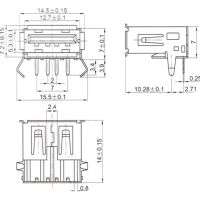 USB-A connector female horizontaal PCB THT afmetingen